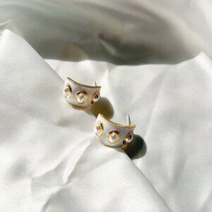 ENAMEL & OIL PAINTED EARRINGS Elegant French Vintage Style Coated Pearls C shape